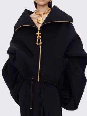 Black Oversized Zip-Front Jacket with Gold Trim